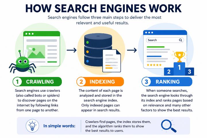 How search engines work through crawling, indexing, and ranking web pages.