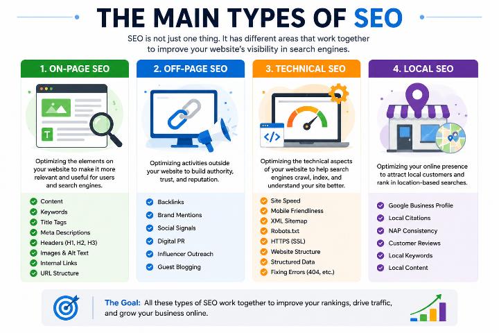 Main types of SEO including on-page SEO, off-page SEO, technical SEO, and local SEO.