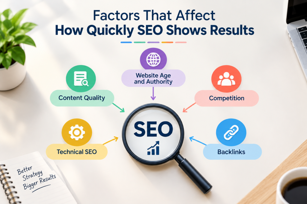 Factors that affect how quickly SEO shows results including website authority competition content technical SEO and backlinks