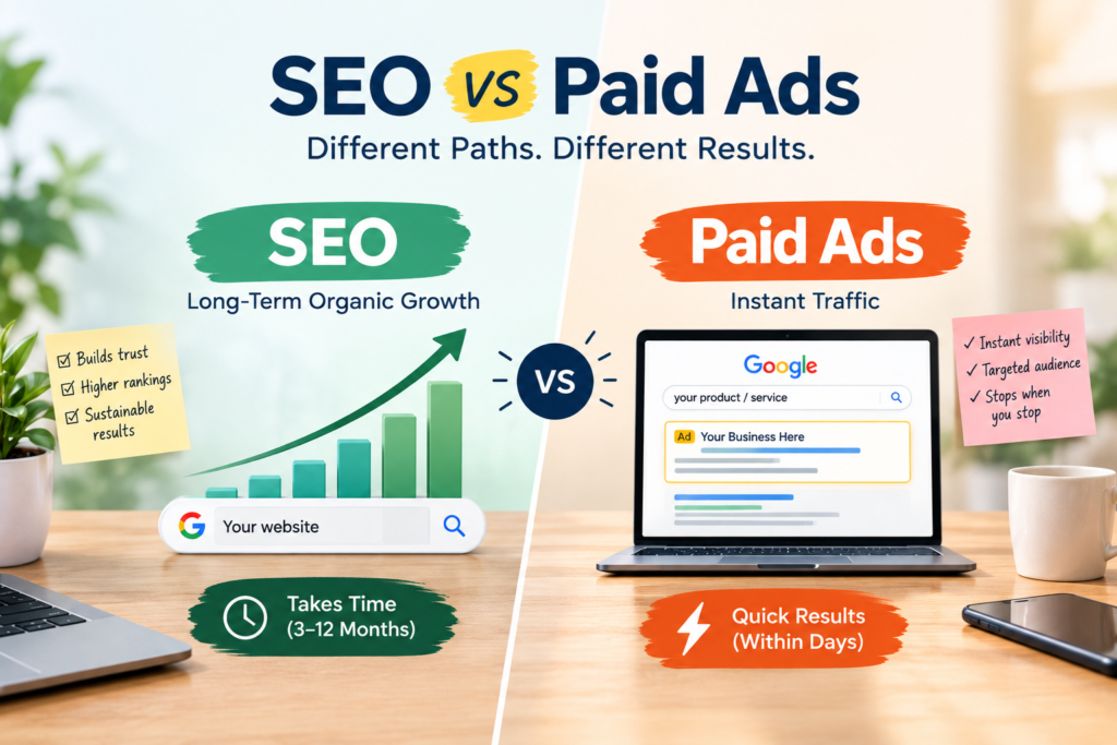 SEO vs paid ads showing the difference between long term organic growth and instant paid traffic