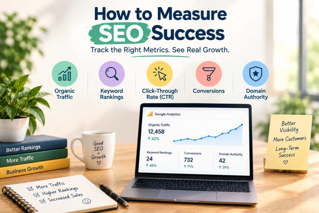 Measuring SEO success using organic traffic keyword rankings click through rate conversions and domain authority
